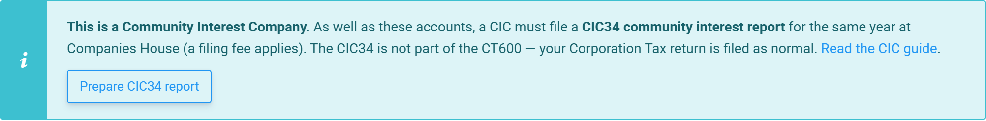 The Companies House Submission screen showing the Community Interest Company notice with a Prepare CIC34 report button