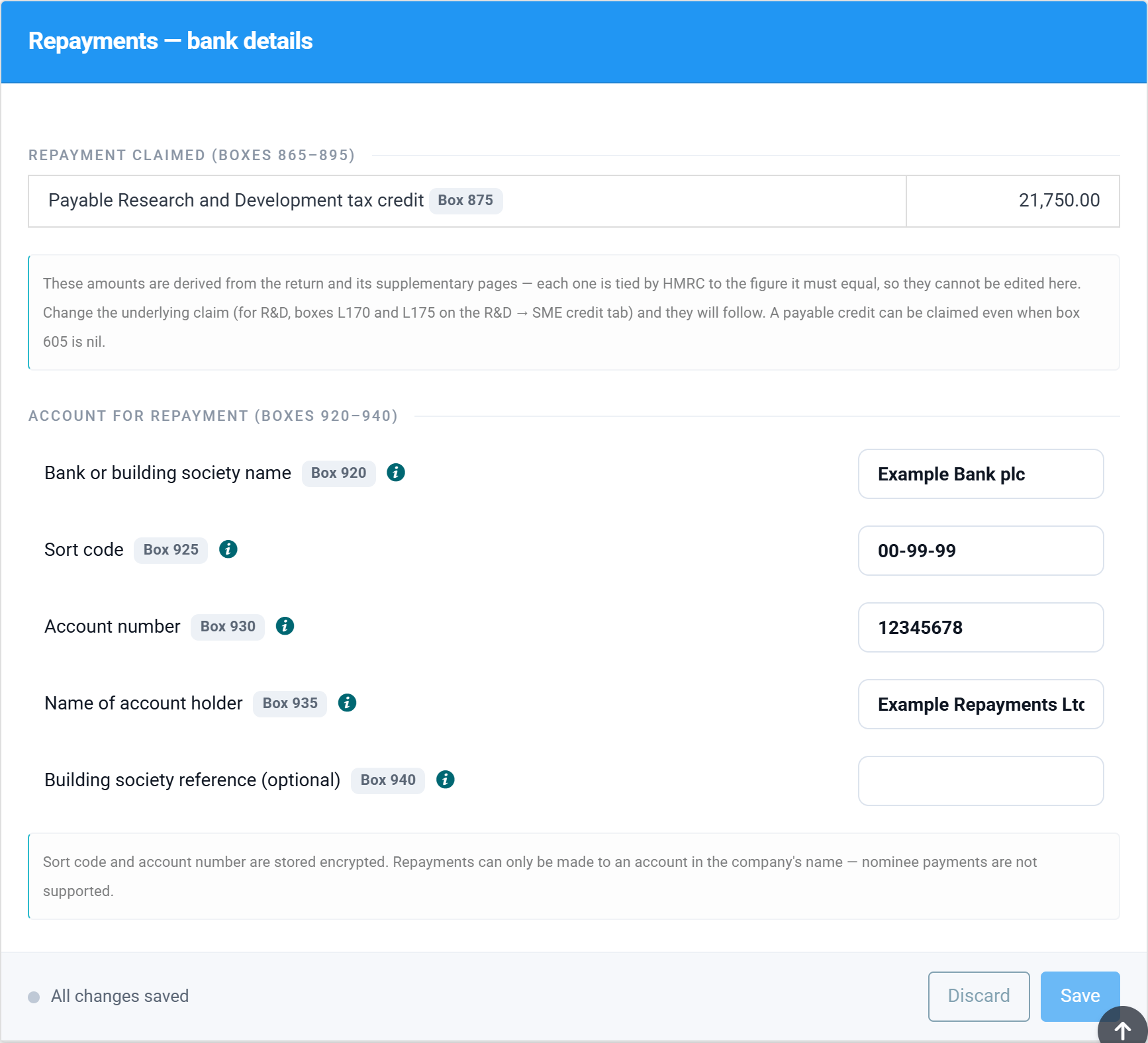 The Repayments section with bank name, sort code 00-99-99, account number 12345678 and account name completed, and box 875 claimed at 21,750.00