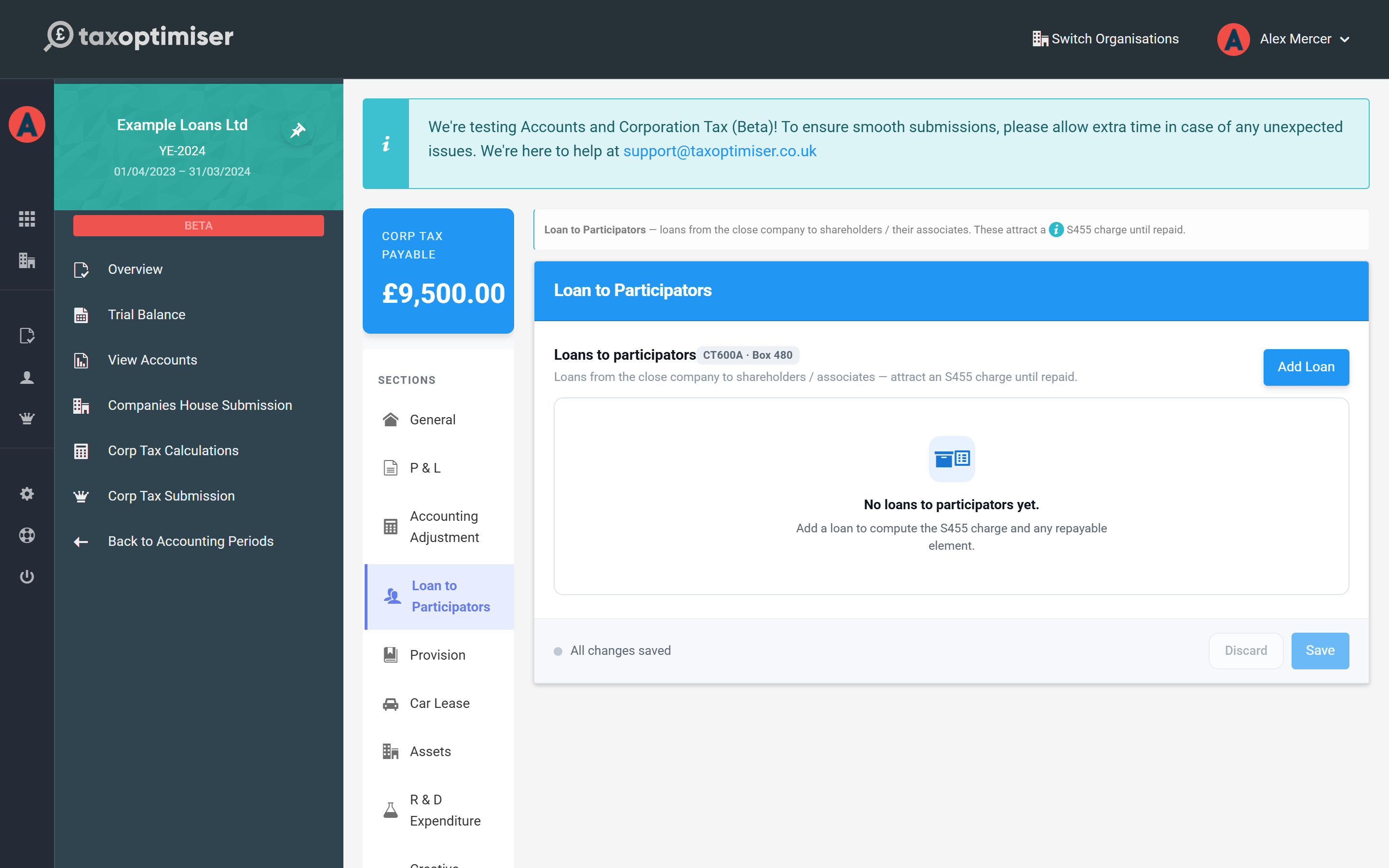 The empty Loan to Participators section of the Corp Tax workspace with an Add Loan button