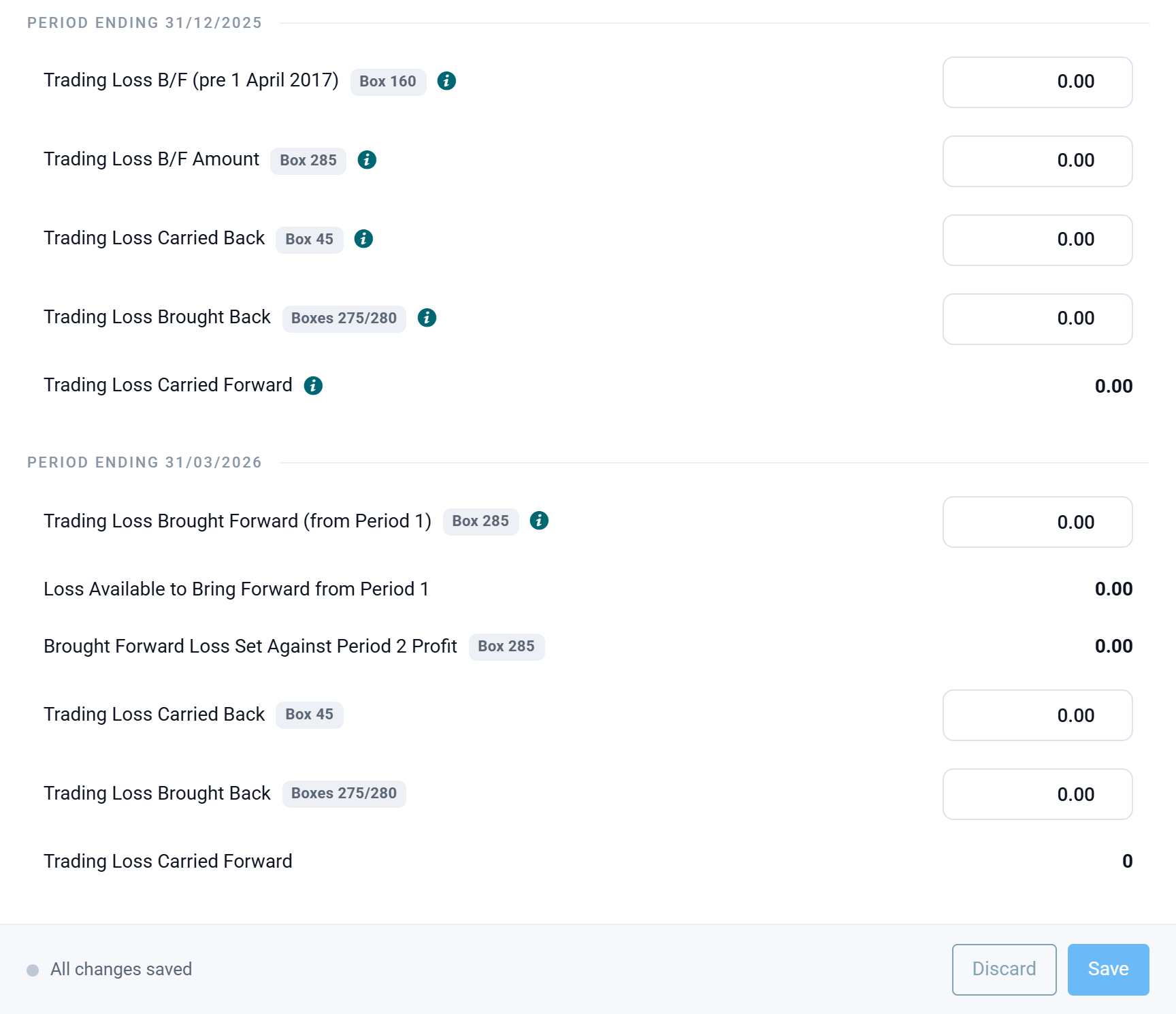 The trading loss blocks on the Losses section: Period ending 31/12/2025, then Period ending 31/03/2026 with Trading Loss Brought Forward (from Period 1), box 285