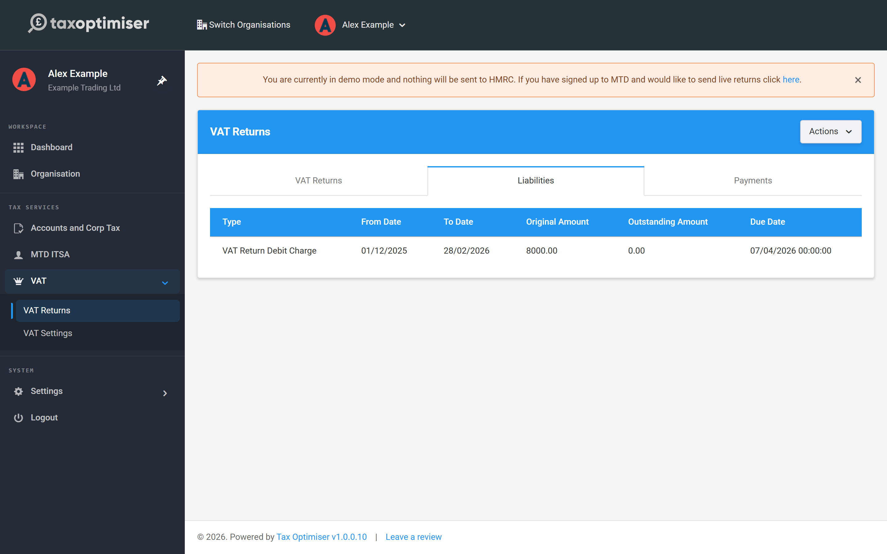 The Liabilities tab showing a VAT return debit charge with original and outstanding amounts