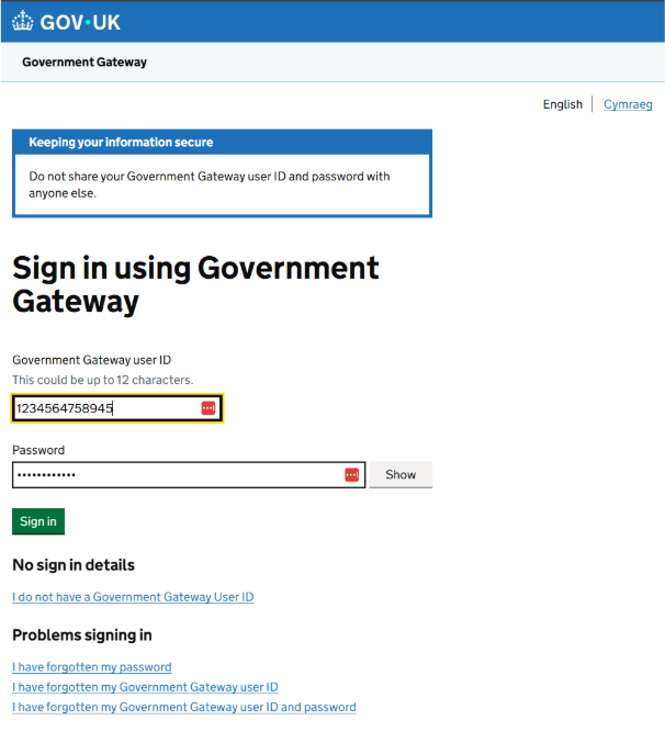 The Government Gateway sign-in page asking for your user ID and password