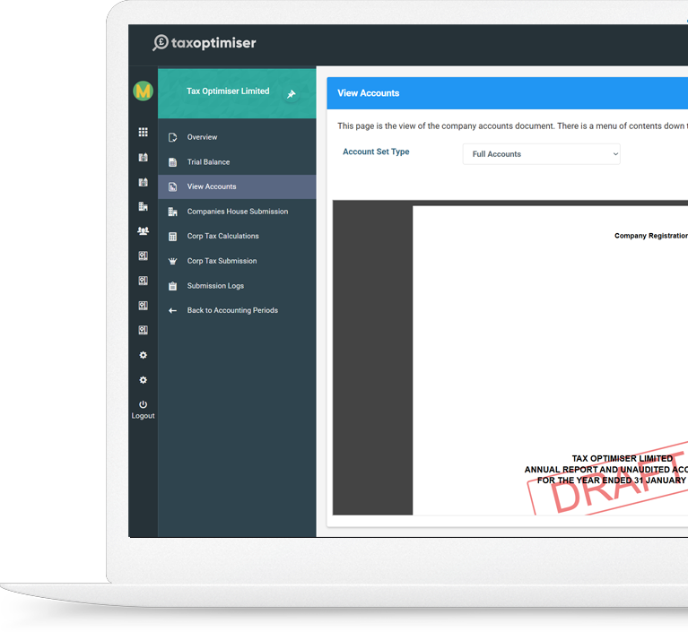 Tax Optimiser accounts production screen showing Xero trial balance sync